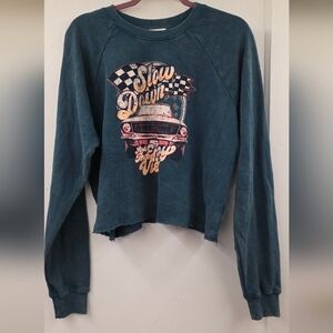 Stitch & Pine Cropped Graphic Sweatshirt Slow Down Vintage Car Medium